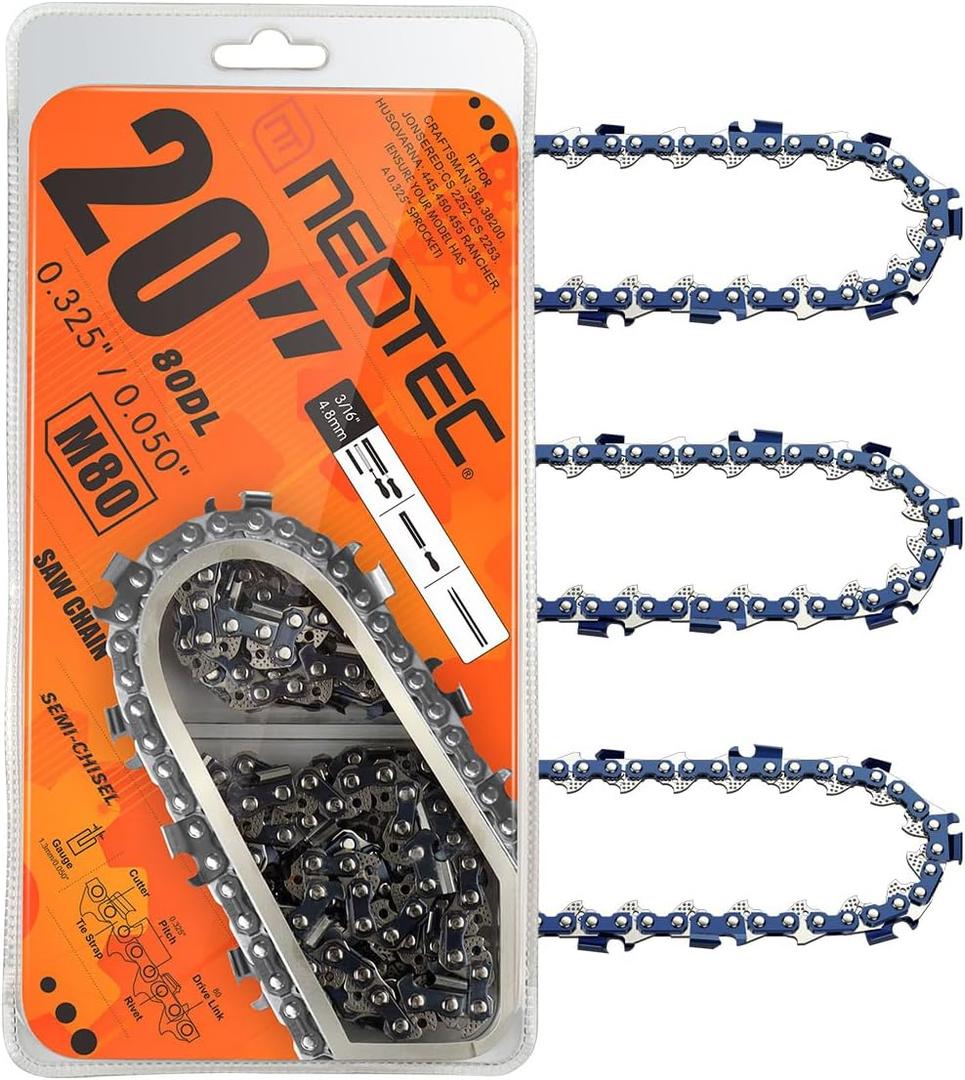NEO-TEC 20 Inch Chainsaw Chain 0.325" Pitch, 0.050" Gauge, 80 Drive Links Fits 445, 450, 460 RANCHER and More - M80 (3 Chains)