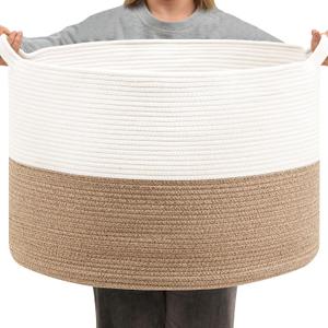 Foldable Laundry Hamper Basket with Collapsible Handle Cotton Rope Soft Woven Fabric Storage Organizer Clothes Toys Nursery Bedroom Dorm Space Saving Bin (White & Brown, 65L(19.7"D x 12.6"H))