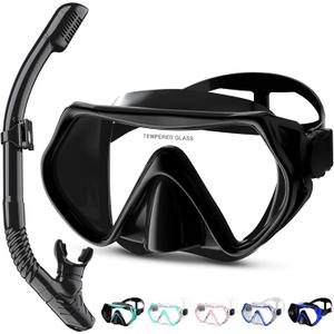 Snorkel Set, Snorkel Mask 180 Panoramic Wide View, Anti-Fog Scuba Diving Gear, Professional Swim Goggles for Free Breathing, Swim, Diving, Anniversary Birthday Gifts for Women Mom Men Dad (Adultsnot Fit for Kids, Full Black)
