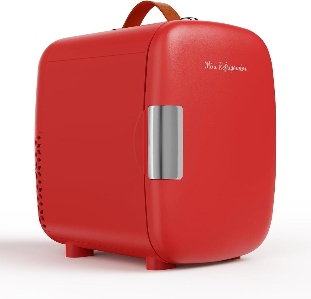 NEWBULIG Mini Fridge for Bedroom, Office & Car, Portable 4L/4.23QT Mini Refrigerator for Skincare with Handle, Ultra-Quiet Energy-Saving Compact Cooler for Drinks, Food, Skincare & Makeup, 12V AC/DC (Red)