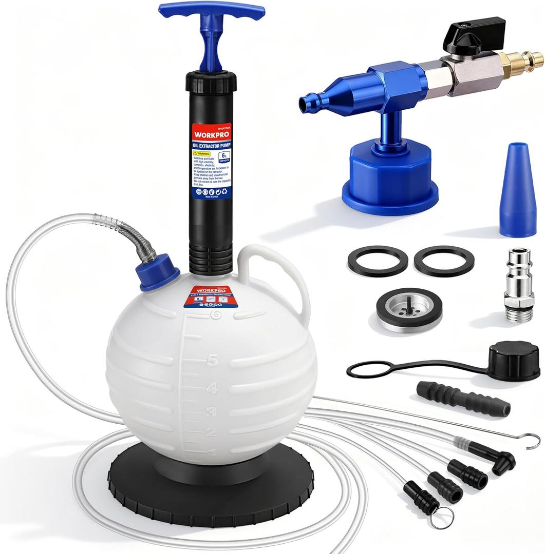 WORKPRO 6L Oil Extractor Pump, Pneumatic and Manual Fluid Extractor Pump with Main Hose, Three Extensions and Brake Bleeding Hose for Oil and Brake Fluid Change of Automotive, Marin Boat and More