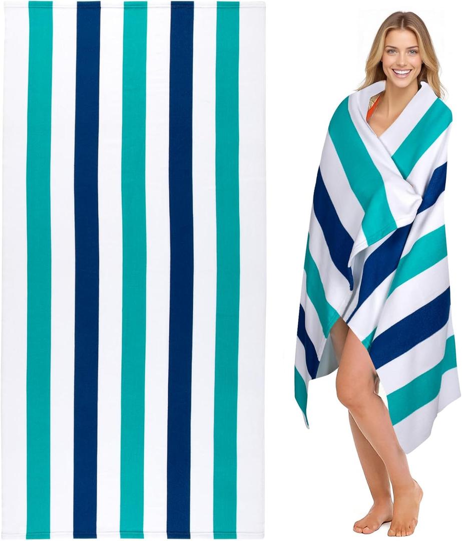 cabanana Large Oversized Beach Towel - Microfiber Sand Free 35 x 70 Inch Quick Dry Lightweight Pool Towel for Adults, Thin Striped Swim Towel (Turquoise)