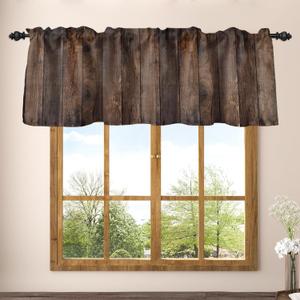 Renaiss 52 x 18 Inch Rustic Wood Barn Door Curtain Valances for Kitchen Window Living Room Bathroom Privacy Thick Linen Village Wooden Vintage Home Decoration Plank Rod Pocket Window Valance