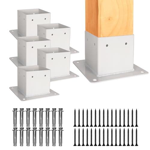 6 PCS Metal 4×4 Post Base Post Base Brackets,Inner Size 3.5"x3.5" Heavy Duty Powder-Coated Post Anchor Matte Black Wood Post Brackets (White 6pcs)