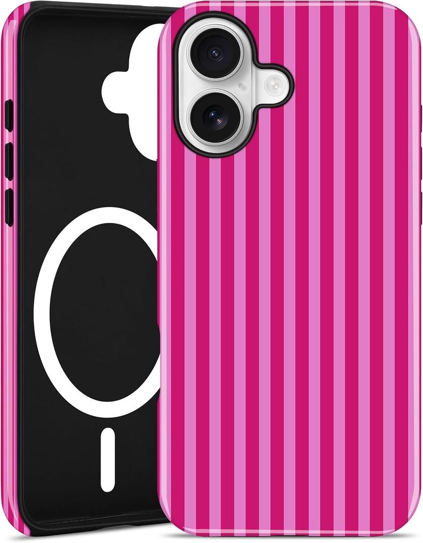 Magnetic Striped Phone Case for iPhone 16 Plus, Compatible with MagSafe, Cute Hot Pink Aesthetic Stripe Soft TPU and Hard PC Shockproof Protective Phone Cover for Women Girls-Shiny