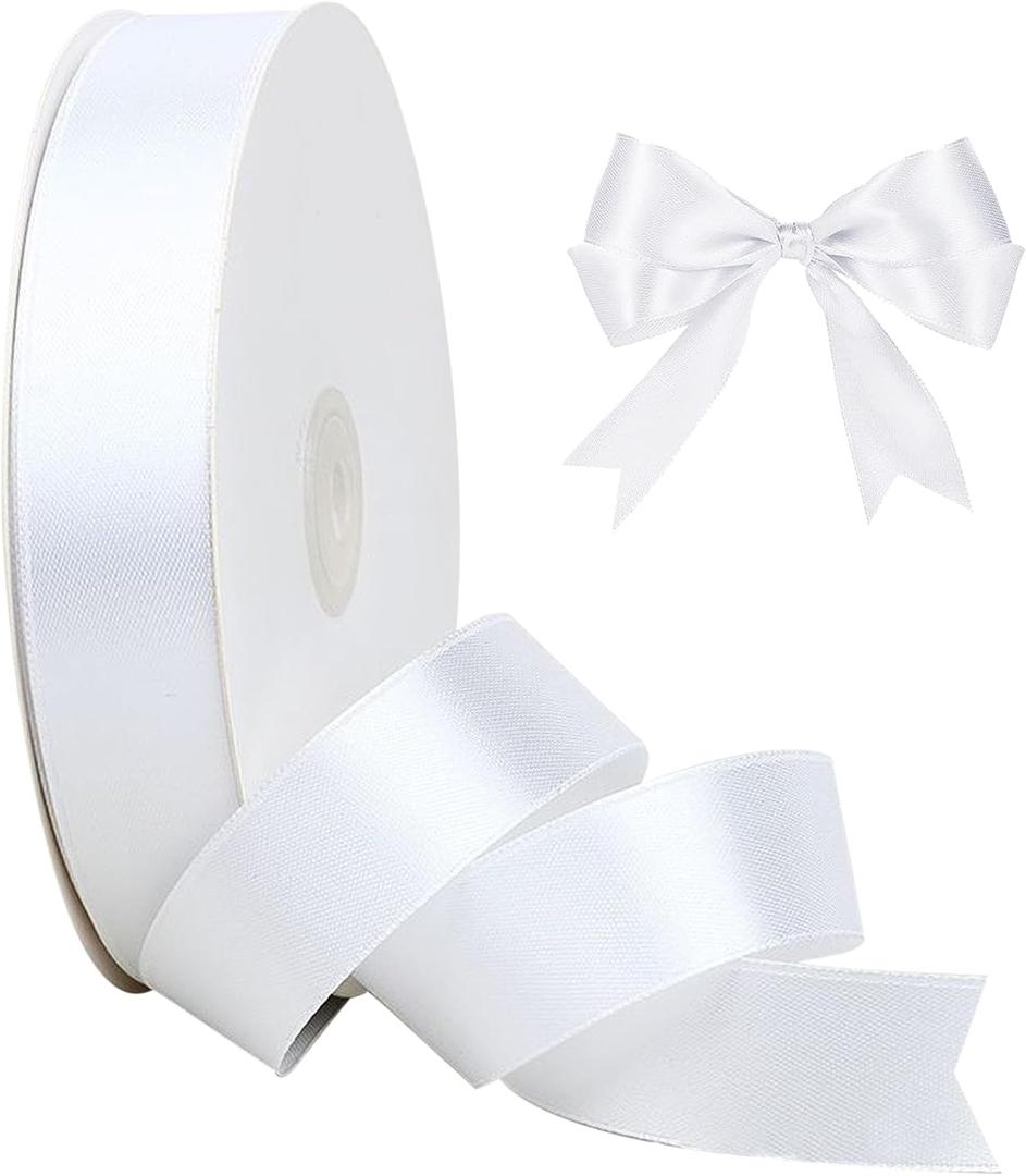 White Satin Ribbon, 1 Inch x 100 Yards White Ribbon for Gift Wrapping, Crafts, and Decorations, Polyester Fabric Ribbon for Bows, Flower Bouquets, Hair Accessories, Wedding & Christmas Decor