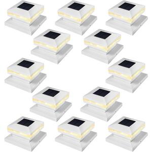 Viewsun 12 Pack Solar Post Cap Lights, Outdoor Fence Solar Powered White Shell Caps for Deck, Patio, Garden Decor, Warm White High Brightness SMD LED Lighting, Lamp Fits for 4x4 or 6x6 Wooden Posts