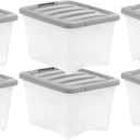 Amazon Basics Plastic Storage Containers with Secure Latching Lids, Stackable Organization Bins, Clear/Grey, 19 Quart, Set of 6