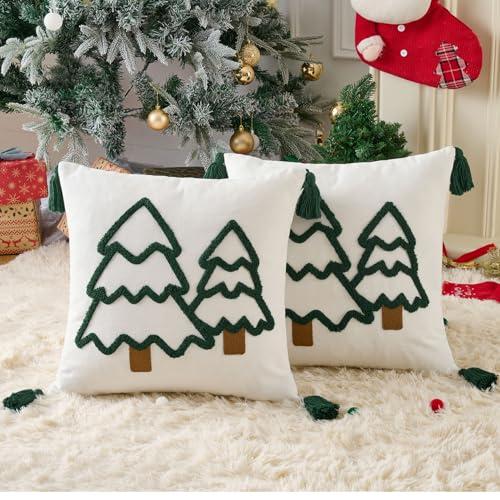 Zealax Christmas Decorative Pillow Covers 18x18 Inch Set of 2 Holiday White Throw Pillow Cases with Embroidered Christmas Tree Winter Cushion Covers for Couch Sofa Living Room Xmas Home Decor