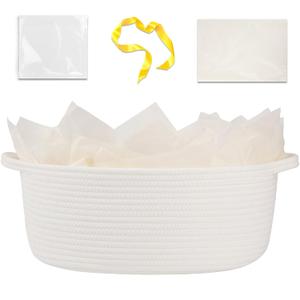 OIAHOMY Gift Basket with Handle, 15.4"x 11.4"x 6.7" Woven Basket with Gift Bag, Ribbon and Wrap Tissue Paper, Nursery Bins Empty to Fill with Towels, Baby, Pet Toy Organizer - White