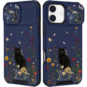 for iPhone 16 Plus Case - Women Cute Phone Cover Girly Pretty Fancy Unique Aesthetic Design Slide Camera Cover Protective Case for Apple for iPhone 16 Plus,Black Cat