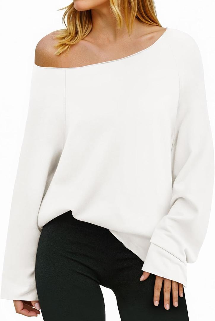 Fisoew Womens Off The Shoulder Tops Sweatshirts Lightweight Oversized Pullovers Long Sleeve Y2k Loose Fit Tunic Tops (White, L)