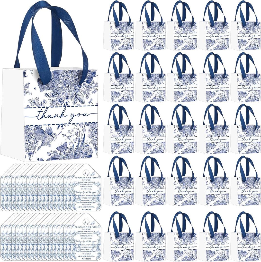 Kolldenn 50 Pack Small Blue Chinoiserie Wedding Gift Bags Bulk Something Blue and White Floral Thank You Gift Bags with Handles Cards for Wedding Bridal Shower Birthday Bachelorette Party