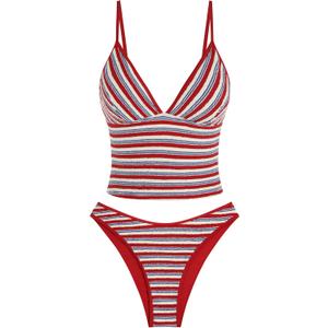 ZAFUL Women's Spaghetti Strap Tankini Swimsuits V Neck Tummy Control Tie Side Thong Bikini Swimsuits 2 Piece Bathing Suits (Red, S)