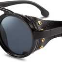 FEISEDY Retro Round Steampunk Sunglasses Women Men Vintage Eyewear Light Plastic Frame with Leatherwear B2532 (Black)