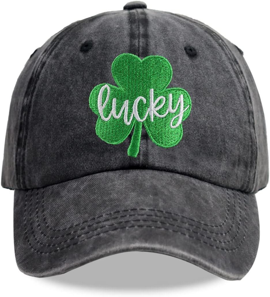 SHANVANKE Unisex St Patricks Day Hat, Distressed Adjustable Embroidered Cotton Denim Luck of The Irish Baseball Cap (Black)