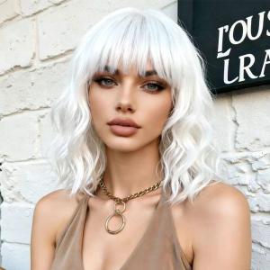 White Wigs with Bangs for Women,Shoulder Length Short Wavy Bob Wigs With Bangs Synthetic Bob Wig Curly Wig Heat Resistant Colorful Wavy Wig Cosplay Fun Wigs For Daily Party(12 Inch)