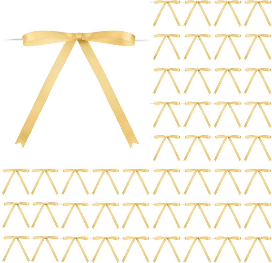 Riceshoot Gold 50 Pcs Stain Ribbon Bows 5x7 Inch Twist Tie Bows for Gift Wrapping Cake Treat Bags Craft DIY Gift Wedding Baby Shower Birthday Party Decorations