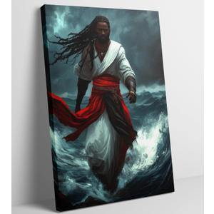 Black Jesus Walks On Water Canvas Wall Art African American God Miracle on Water Painting Wall Decor Black Man Christian Bible Stories Poster Print Artwork for Living Room Church Home Decoration (16"L x 12"W)