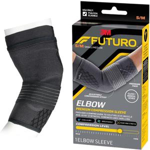 FUTURO Premium Compression Elbow Sleeve, with Wrap-Around Strap and Two Gel Pressure Pads, for Mild Tendonitis, Golfers Elbow, Tennis Elbow, Swelling, Sprains, and Strains, S/M