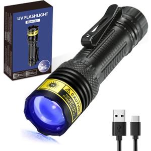 DARKDAWN UV Flashlight 365nm Black LightMini & Powerful USB- C Flashlights LED Rechargeable Woods Lamp Portable Adjustable Focus Blacklight Flashlights for Uranium Glass, Money, Pet Urine Stains