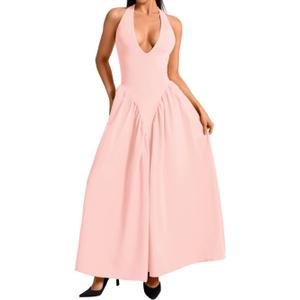 ChiaoLezhee Deep V Neck Dress, Halter Maxi Dresses, Vacation Date Night, Sexy for Women Corset Flowy Wedding Guest Drop Waist Medium