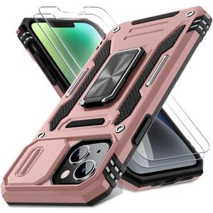 DEERLAMN Case for iPhone 13/iPhone 14 6.1-Inch with Slide Camera Cover+Screen Protector(2 Packs),Rotated Ring Kickstand Military Grade Shockproof Protective Cover-Rose Gold