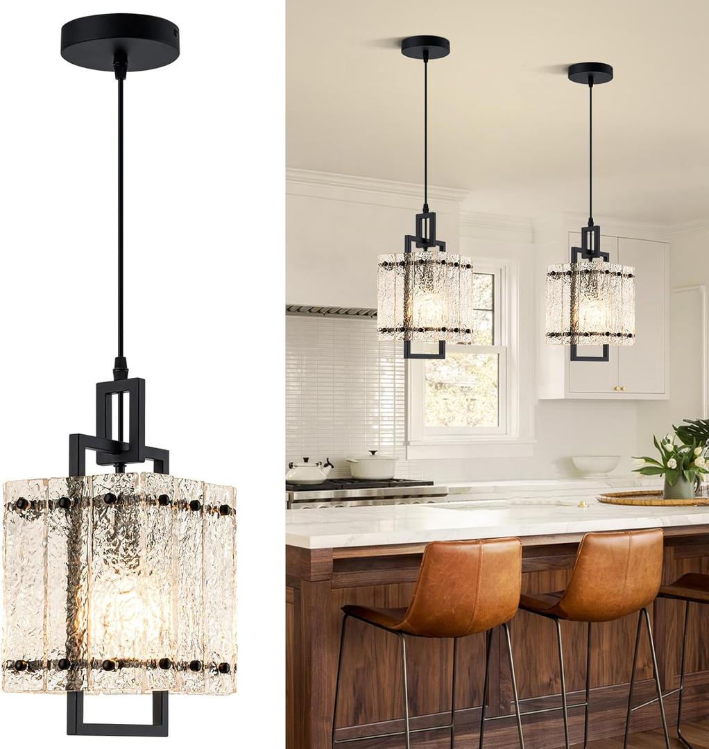Black Glass Pendant Lights Kitchen Island, Modern Pendant Light Fixtures with Water Ripple Glass Square Pendant Lighting for Dining Room Kitchen Island