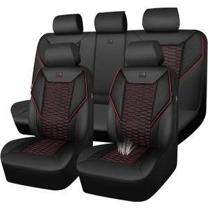 Amooca Car Seat Covers Full Set Automotive Seat Protection Fit for Most Cars SUVs Front & Back Seats Waterproof Nappa Leather Car Seat Cushion Protector Black & Red