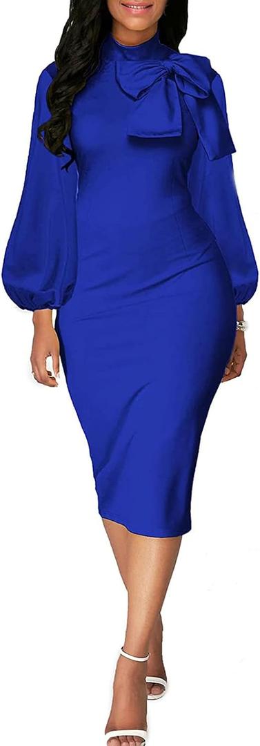BestGirl Women's Bishop Sleeve Bodycon Dresses Work Casual Floral Print Pencil Midi Dresses (Blue, M)