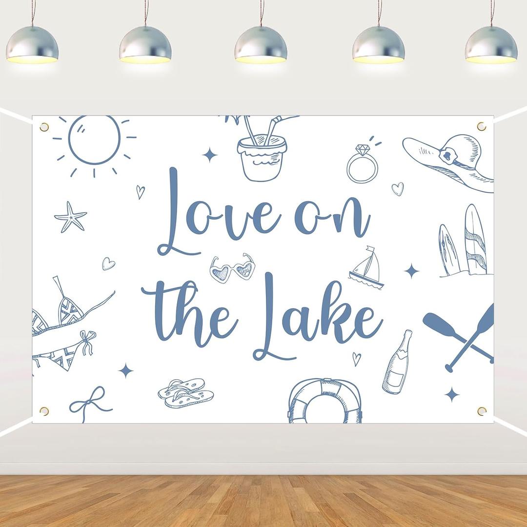 Love on the Lake Backdrop Lake Bachelorette Party Decorations Camping Bach Weekend Photography Background Surfboard Sunglasses Hat Juice Photo Props for Women Lake Tahoe Bridal Shower Supplies 5*3ft