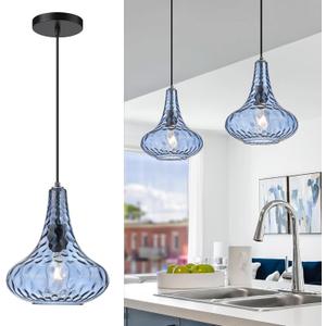 AUTELO Blue Pendant Lights Kitchen Island, 10" Hammered Glass Pendant Lights, Modern Pendant Light Fixtures in Matte Black Finish, Hanging Lamp for Dining Room, Kitchen Sink, H9164 BU
