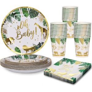 96 Pcs Jungle Safari Baby Shower Decorations Tableware Set, Oh Baby Paper Plates Cups and Napkins for Baby Shower and Birthday Party, Serves 24