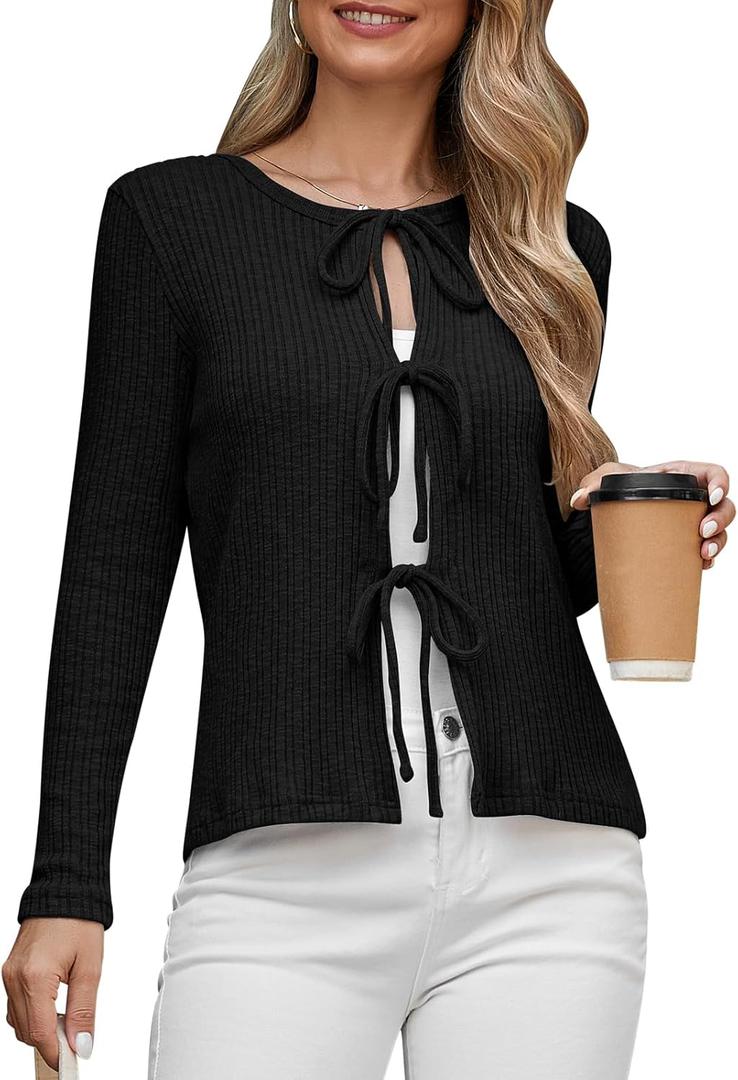 Tie Front Cardigan for Women 2025 Lightweight Cropped Ribbed Knit Shrug Fall Open Front Bow Cardigan Tops (Medium, Black)