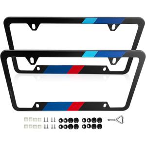 Matte Black Stainless Steel License Plate Frames, Stronger Than Aluminum, US Standard License Plate Holder Suitable for BMW Accessories X7 X5 X3,2PCS (Blue&Red Sports)