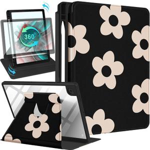for Samsung Galaxy Tab A8 Case 10.5 Inch Folio Cover with Pencil Holder Women Girls Cute Girly Teens Kawaii Black Flower Unique Design Rotating for Samsung A8 Tab Cases SM-X200/X205/X207