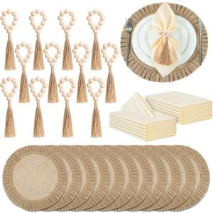 Gejoy Round Burlap Placemats Wood Bead Napkin Rings with Dinner Napkins Cloth, Jute Heat Resistant Placemats Boho Wooden Rings for Plates Wedding Dining Table(36 Pcs)
