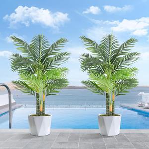 Keeplush Triple Golden Cane Palm Artificial Tree 4ft Tall Large Faux Tropical Palm Tree UV Resistant Fake Plant in Pot for Indoor Outdoor Big House Living Room Patio Office Home Outside Decor 2Pack
