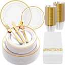 FOCUSLINE 350 Ct Clear Gold Dinnerware Set for 50 Guests - Gold Rimmed Clear Disposable Plastic Plates, Includes 50 Dinner & Salad Plates, Cups, Cutlery Set for Wedding Parties