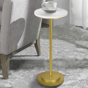 COVLON Drink Table, Carved Table Top Small Pdestal Martini SideTable for Living Room, Bedroom, Modern, Weighted Base, White and Gold