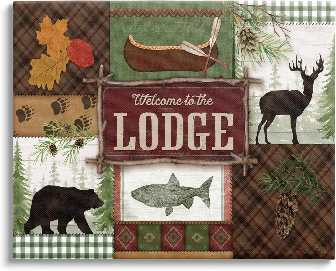Stupell Industries Welcome Lodge Plaid Wildlife Sign Canvas Wall Art, Design by Mollie B. (48L" x 36W")