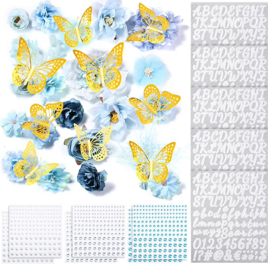 Hoteam DIY Handcraft Decorations Kits Included Faux Flowers 3D Butterfly Stickers Self Adhesive Rhinestones Glitter Alphabet Letter Stickers for Grad Cap Topper Party Gifts Art Decor(Blue)
