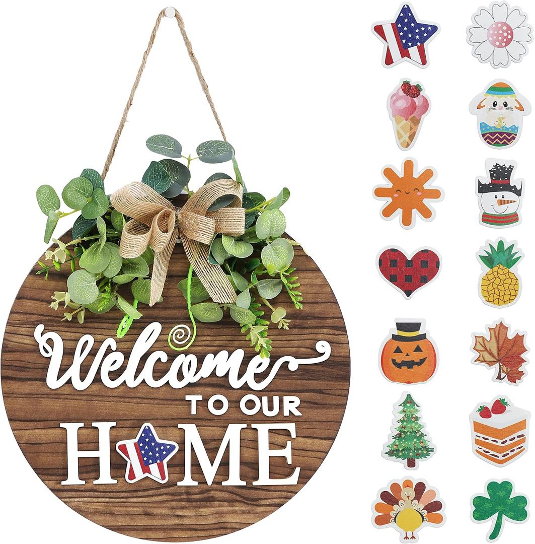 Interchangeable Seasonal Welcome Sign Front Door Decoration, Rustic Round Wood Wreaths Wall Hanging Outdoor, Farmhouse, Porch, for Spring Summer Fall All Seasons Holiday Halloween Christmas