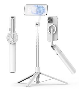 TONEOF 68" Magnetic Selfie Stick Tripod with Aluminum Strong Magnetic Holder for Magsafe, 360 Rotatable Travel Phone Tripod Stand with Metal Ring & Rechargeable Remote for iPhone/AndroidWhite