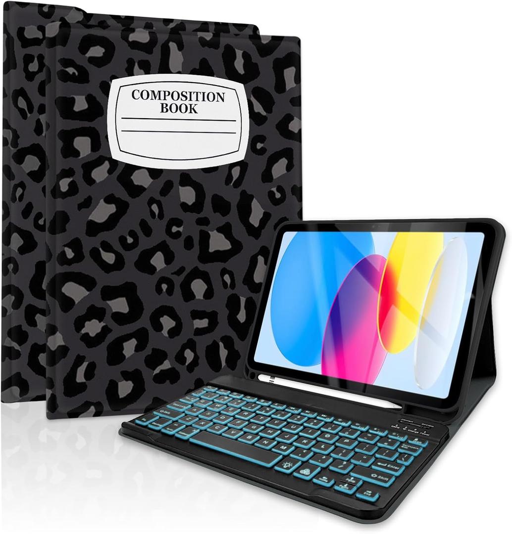 TopPerfekt for Bluetooth Keyboard iPad 10th Gen 10.9 inch (2022) case iPad (A16) 11th/ 10th Gen Case 11'' (2025) with 7-Color Backlights, Pencil Holder, Detachable, Rechargeable-noteLeopard BlackGrey