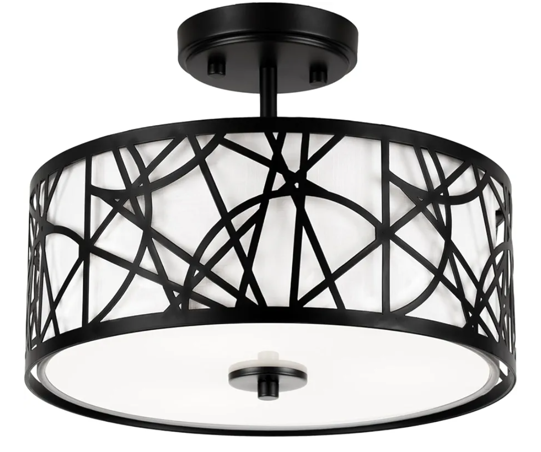 3-Light Semi Flush Mount Ceiling Light, 12.6" Drum Light with White Fabric Shade, Modern Close to Ceiling Lamp for Living Room Bedroom Dining Kitchen Hallway Entry Foyer (Matt Black)