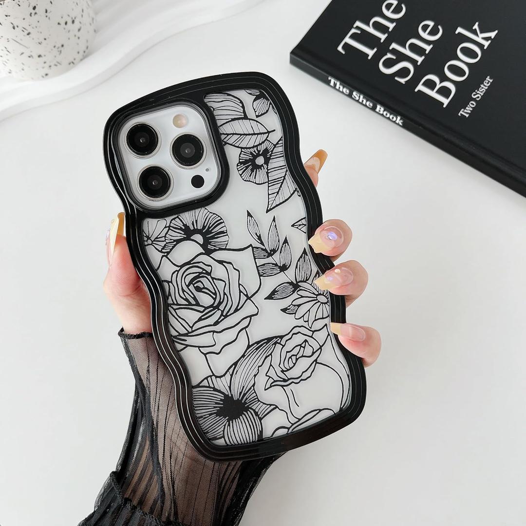 XIZYO for iPhone 12 Pro Max Case, Cute Floral Rose Wavy Curly Wave Frame Clear Aesthetic Phone Case for Women Girls, Slim TPU Shockproof Protective Bumper Case, Black