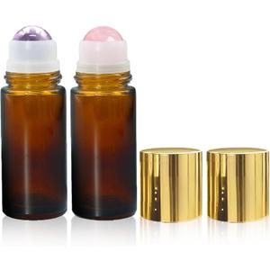 2 Pack 1.7oz Refillable Rose Quartz Amethyst Roller Bottles for Oils | Amber Glass Roll-On Bottles with Natural Roller Balls and Leak-Resistant Gold Caps for Perfumes,Essential Oils