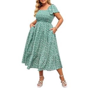 Hanna Nikole Women's Plus Size Summer Maxi Dress Short Sleeve Smocked Square Neck Casual Floral Flowy Dresses with Pockets 24W