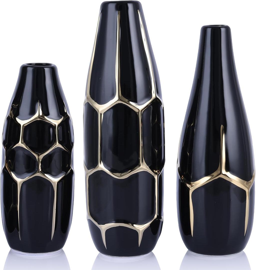 Ceramic Vase Set of 3, Modern Vases for Home Decor, Black and Gold Color Suitable for Living Room, Kitchen, Bedroom, Bathroom, entryway Fireplace, Living Room TV Cabinet Decoration. (Bg)